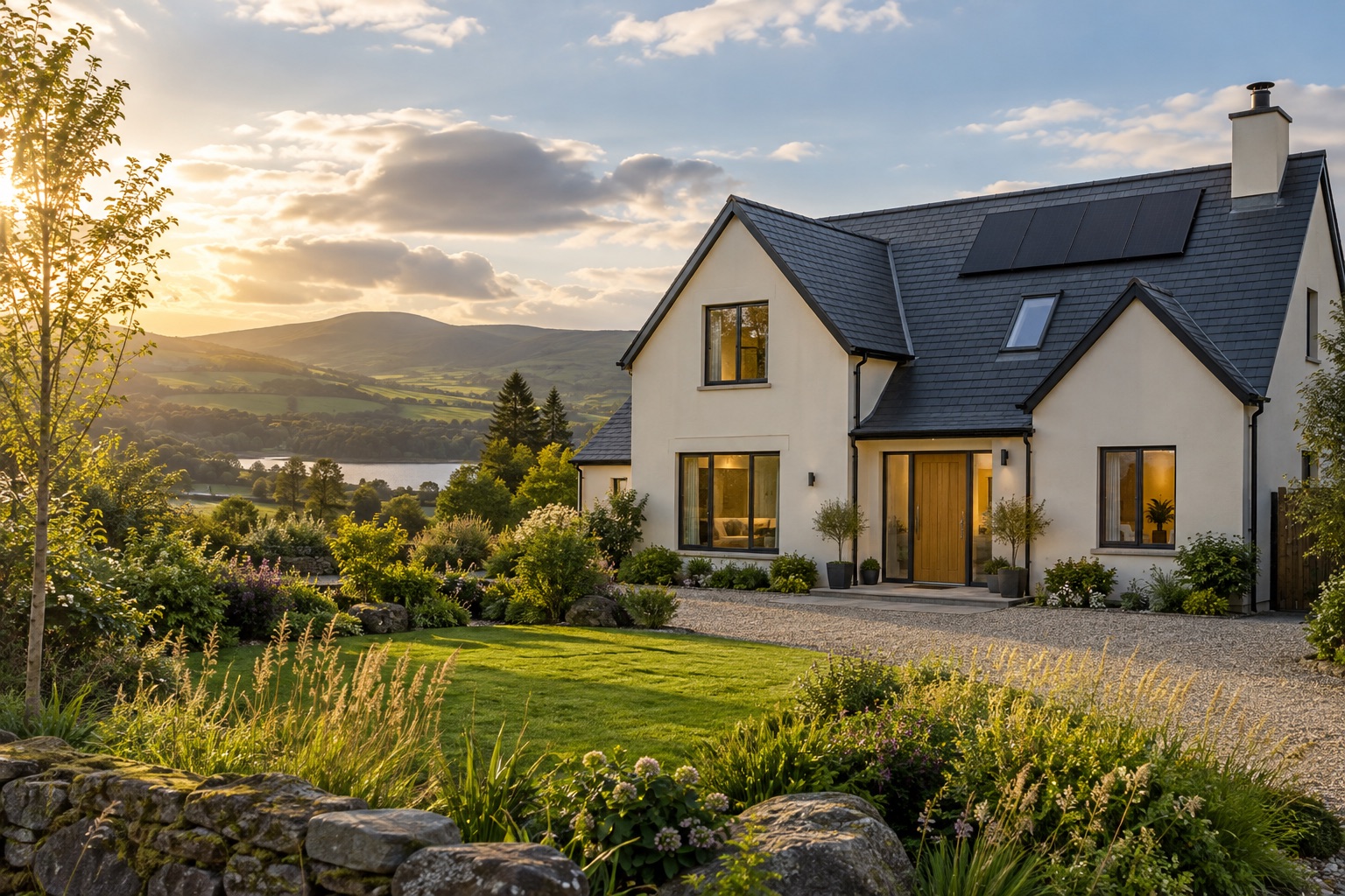 Solar panels on a contemporary Irish-style countryside home