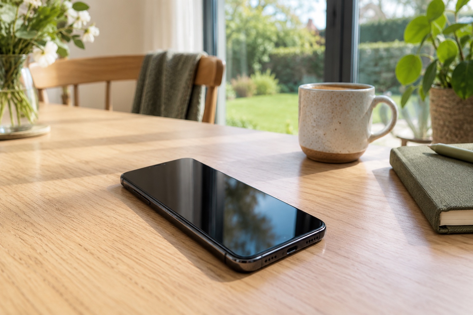 A smartphone on an oak table beside a coffee cup and green notebook